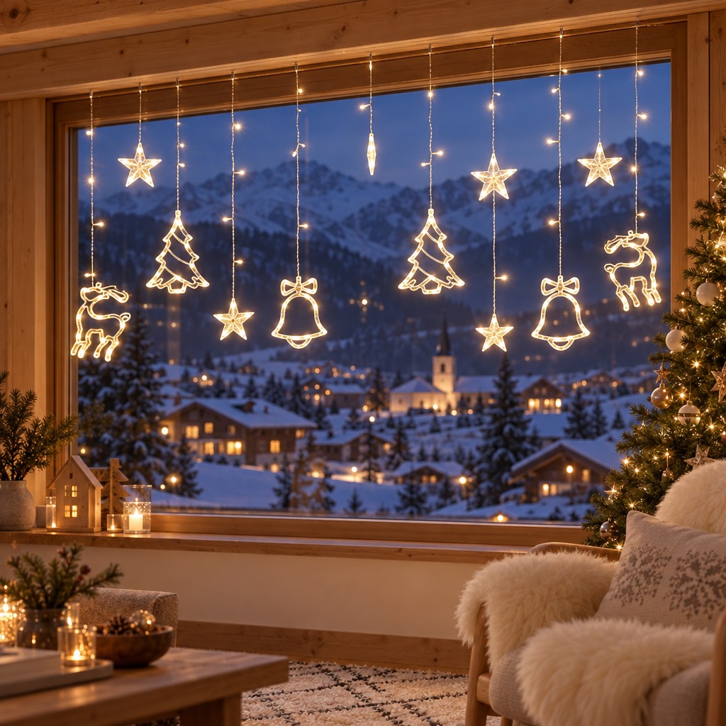 Lichterkette Vorhang in Warmweiss mit Sternen, Glocken, Tannenbäumen und Elchen am Chalet-Fenster mit Blick aufs Bergdorf