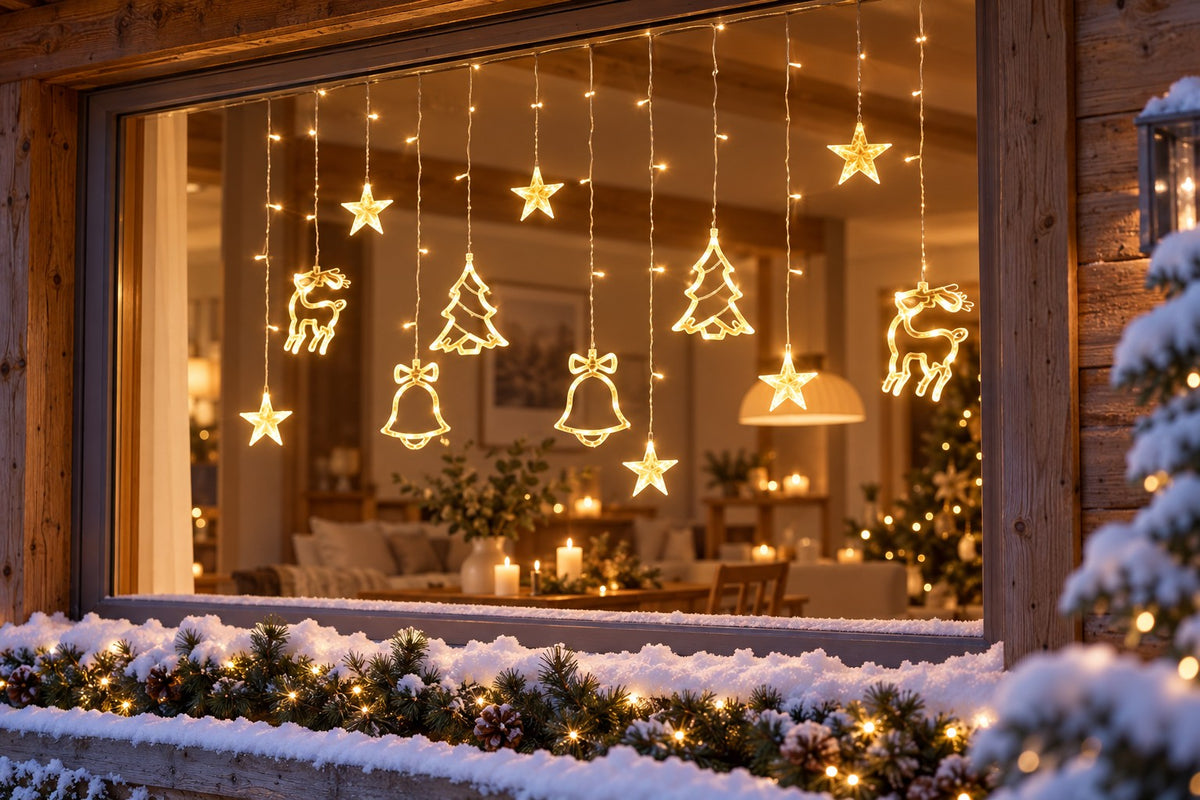 Lichterkette Vorhang mit Sternen und Elchen in Warmweiss, von aussen durch das verschneite Holzfenster gesehen
