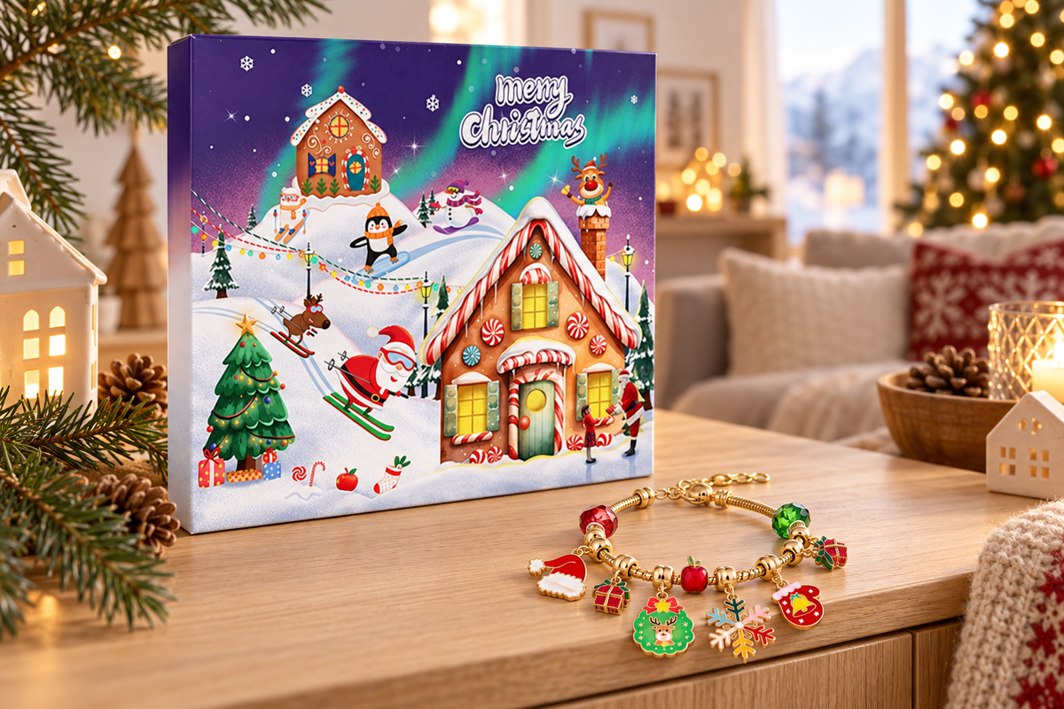 Lila Kalenderbox mit Lebkuchenhaus auf einem Holztisch, davor ein Armband mit Kranz und Zuckerstange