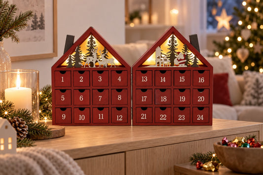 Rotes Doppelhaus-Adventskalender aus Holz mit leuchtenden Giebeln auf einer Kommode neben Kerze