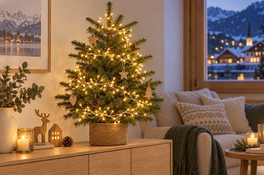 Tischbaum im Korb auf einer Kommode, mit einer warmweissen LED Clusterkette in lockeren Spiralen beleuchtet