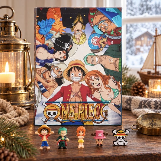 One Piece Adventskalender mit Box und fünf Mini-Figuren auf dem Holztisch