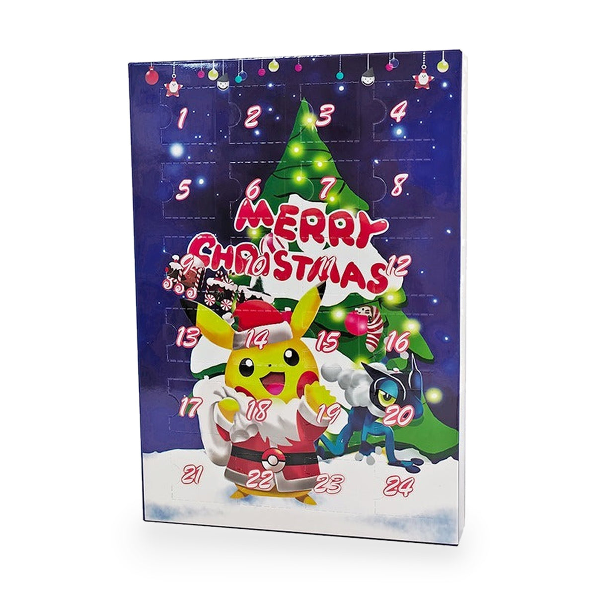 Motiv Blau Weihnachtsmann: Pikachu im roten Weihnachtsmann-Kostüm auf blauer Kalenderbox