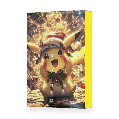 Box-Motiv Pikachu mit Mütze: goldgelbe Kalenderbox mit Pikachu in Weihnachtsmütze vor warmen Lichtern