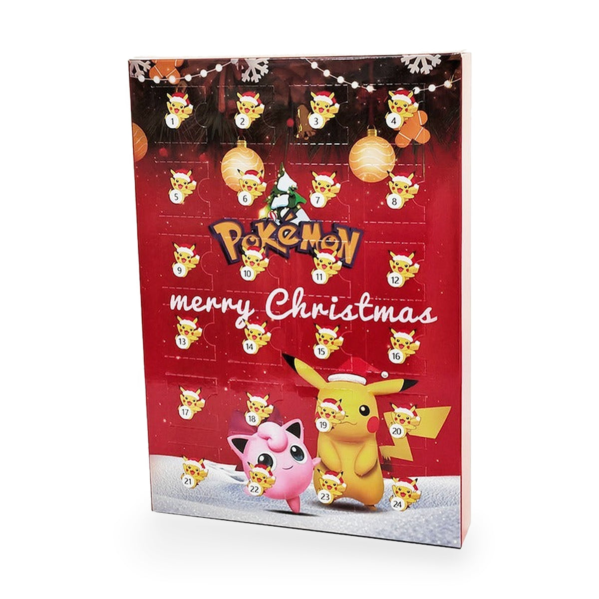 Pokémon-Kalender Motiv Rot Pikachu & Pummeluff: rote Türchen-Box mit „merry Christmas“-Schriftzug