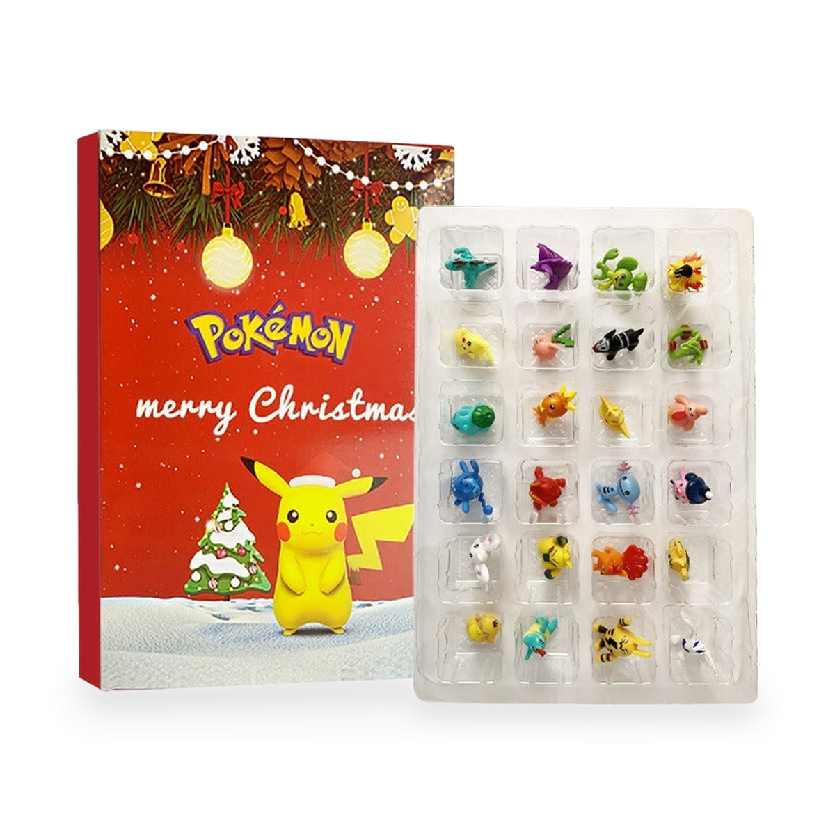 Pokémon Adventskalender in roter Box mit Pikachu am Tannenbaum und transparentem Einsatz mit 24 Figuren