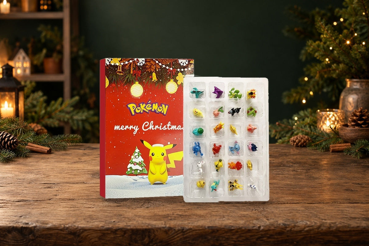 Pokémon-Figurenkalender mit Tannenbaum-Motiv auf rustikalem Holztisch mit Tannenzweigen