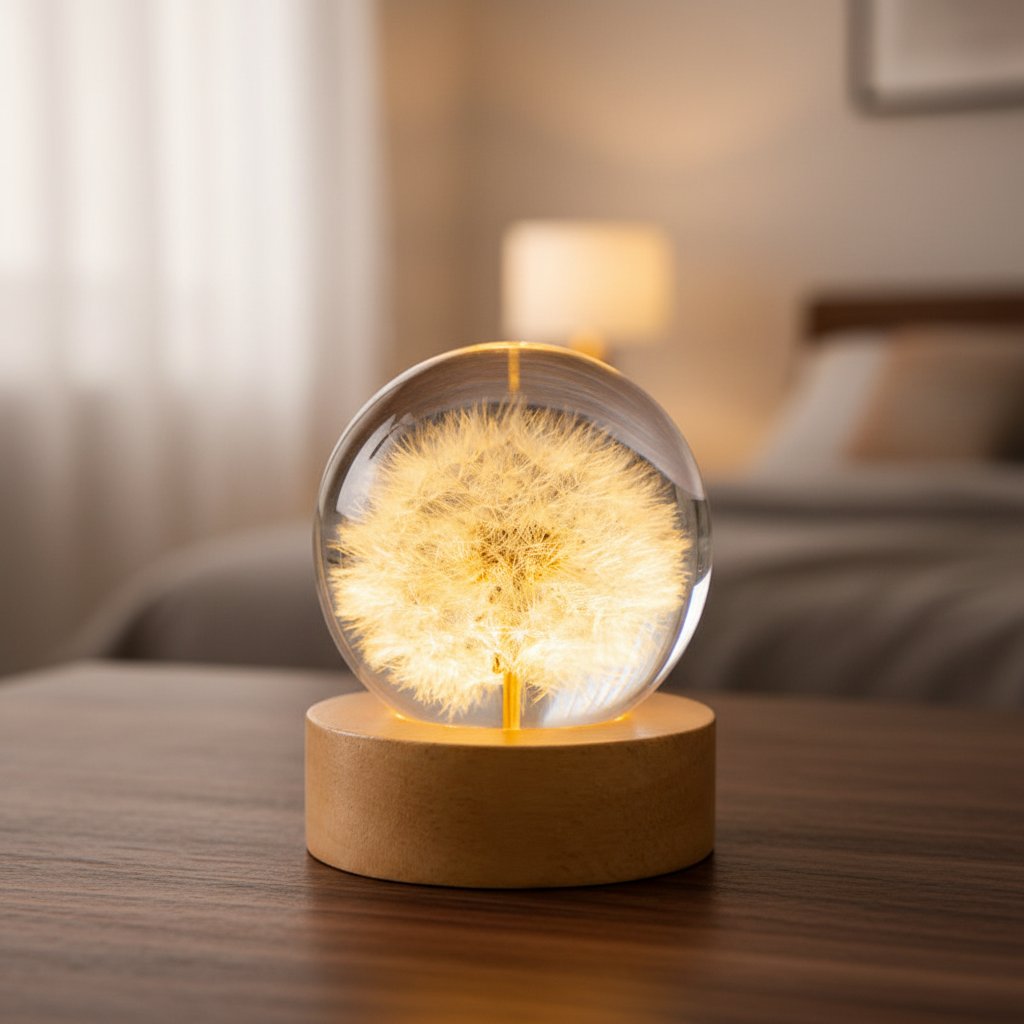 Pusteblume Deko fürs Schlafzimmer: echte Pusteblume in einer 6 cm Kugel aus Kunstharz auf rundem Holzsockel