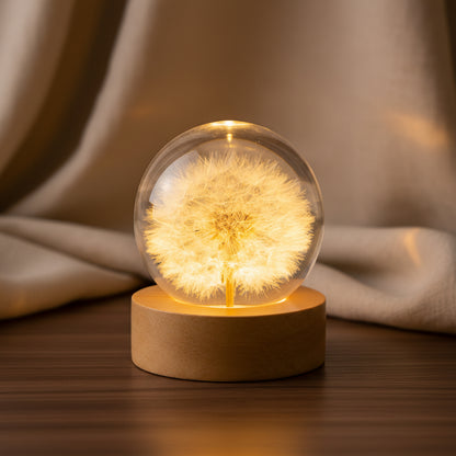 Pusteblume Lampe: echte Pusteblume in einer 6 cm Kugel aus klarem Kunstharz auf rundem Holzsockel, warm leuchtend