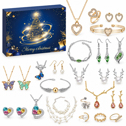 Adventskalender 2026 Frauen: nachtblaue Box mit goldenem Lichterbaum, daneben Herz-Set, grüne Kristall-Ohrhänger, Rentier-Kette und Ringe