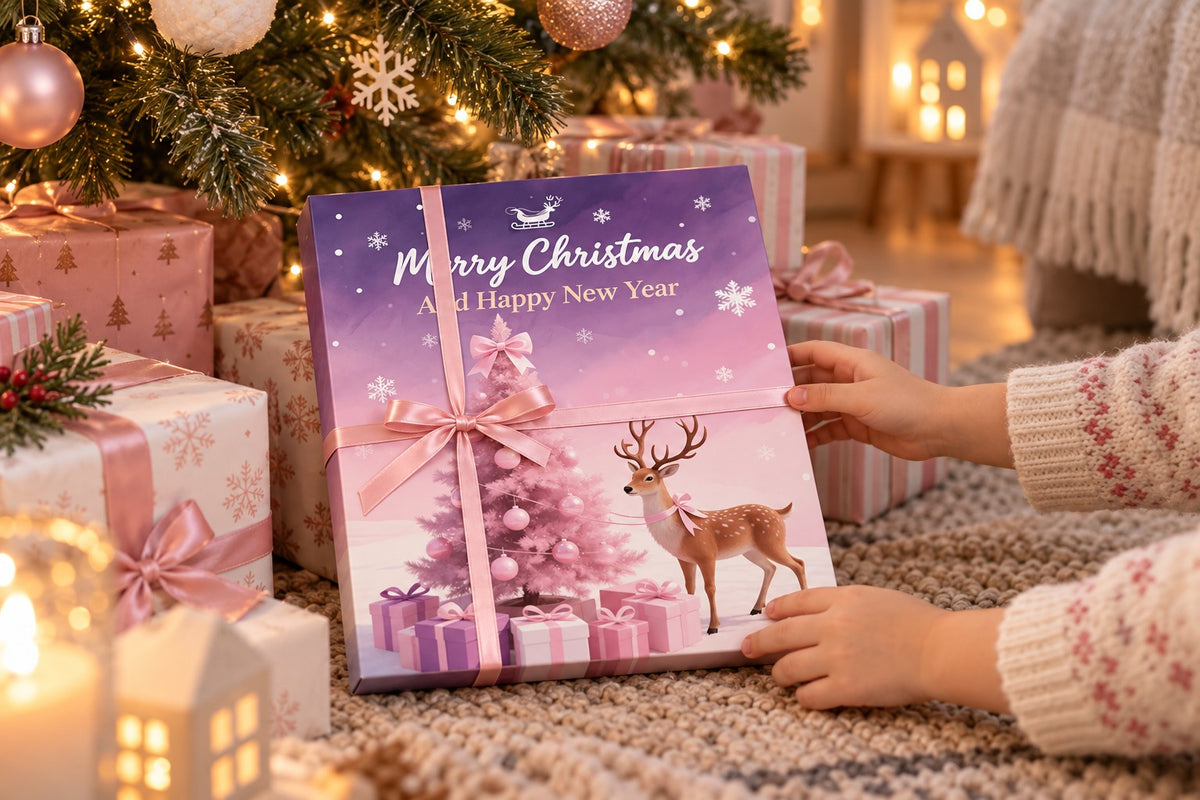 Mädchenhände halten die mit rosa Band verschnürte Rentier-Box vor einem Stapel rosa Geschenke