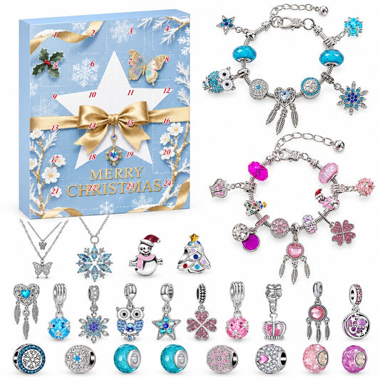 Schmuck Adventskalender Mädchen: hellblaue Box mit weissem Stern und goldener Schleife, davor Armbänder und Ketten
