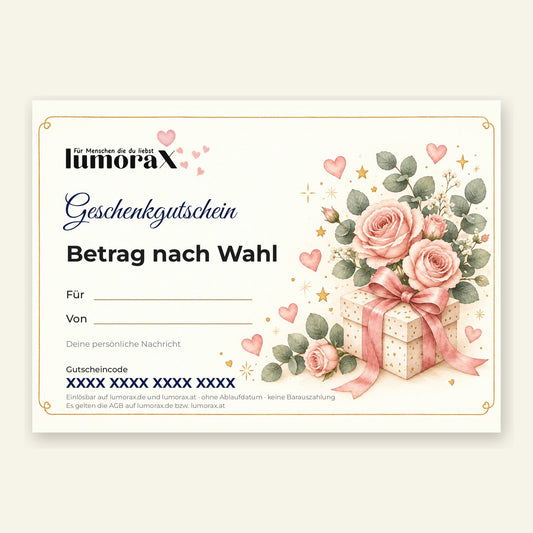 Geschenkgutschein mit Aquarell-Rosen und Geschenk mit rosa Schleife, Karte mit Feldern für Name, Betrag und Gruss