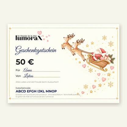 Beispiel: ausgefüllter Geschenkgutschein Weihnachten mit Namen, Nachricht und Gutscheincode