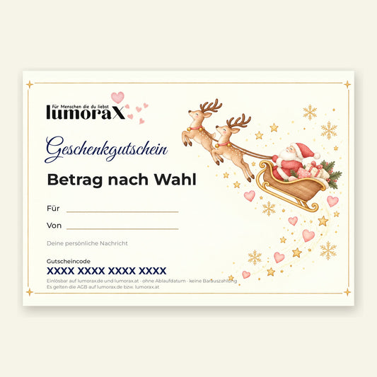 Geschenkgutschein Weihnachten mit Weihnachtsmann im Schlitten, zwei Rentieren, Herzen, Sternen und Feldern für Namen