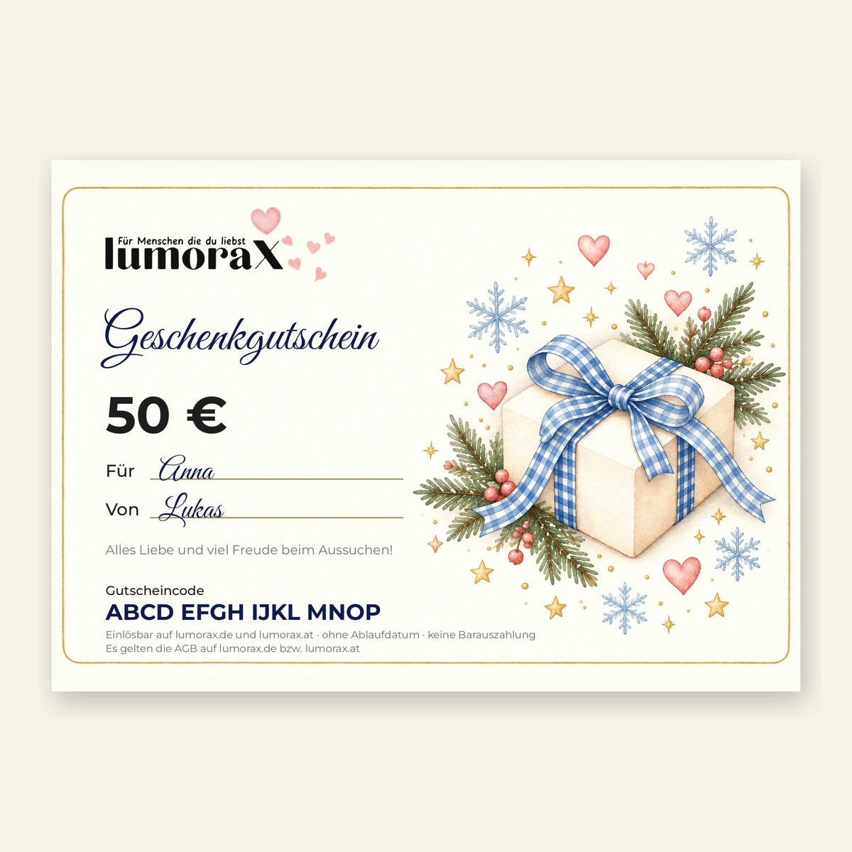 Beispiel: ausgefüllter Geschenkgutschein Winter mit Namen, Nachricht und Gutscheincode