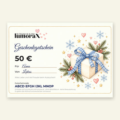Beispiel: ausgefüllter Geschenkgutschein Winter mit Namen, Nachricht und Gutscheincode