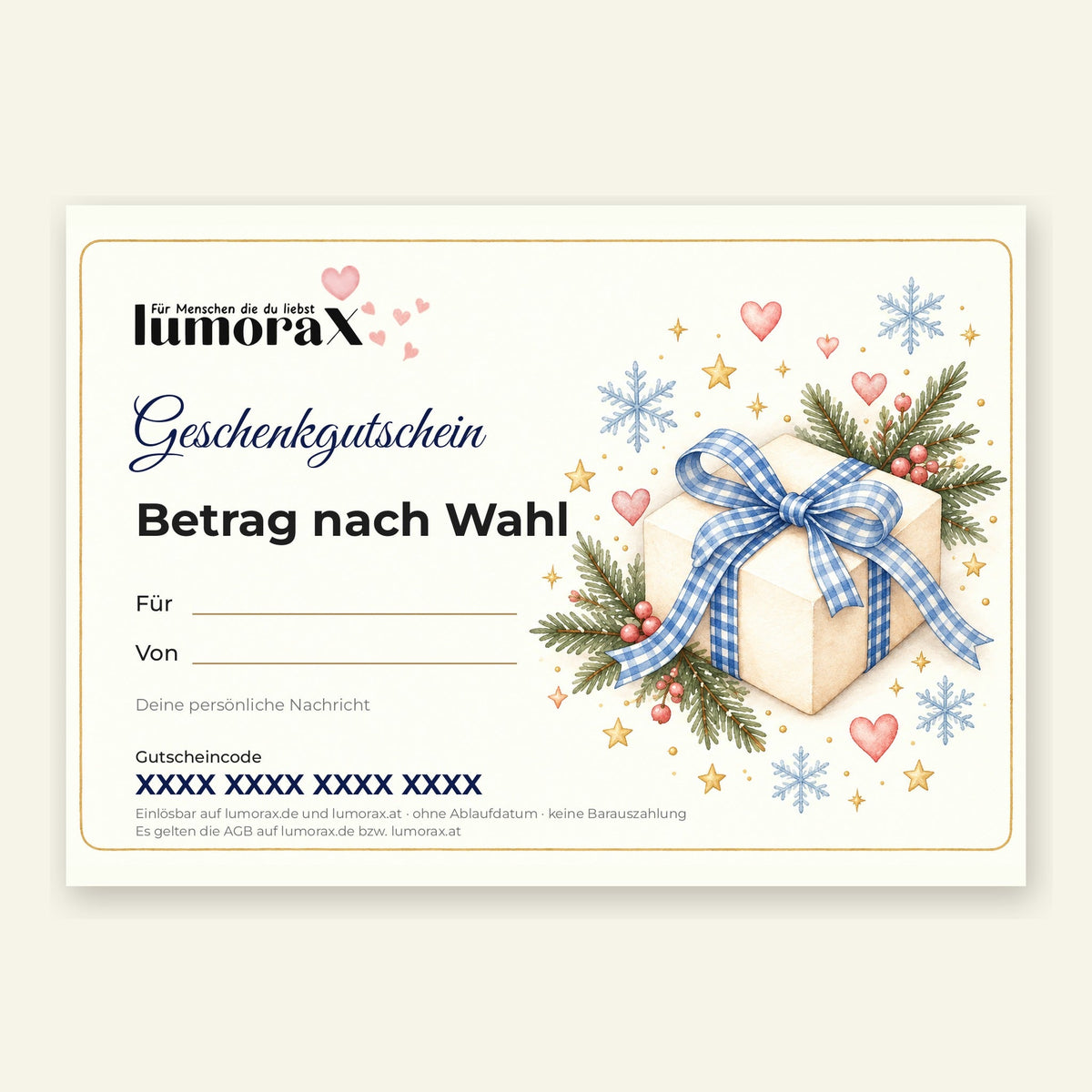 Geschenkgutschein Winter von lumoraX: cremefarbenes Geschenk mit blau-weissem Karoband, Tannenzweigen und Schneeflocken