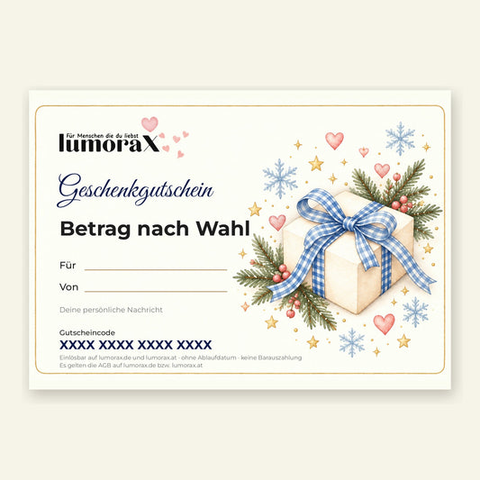 Geschenkgutschein Winter mit Feldern für Betrag, Name und Nachricht, Päckchen mit blau-weissem Karoband und Tannenzweigen