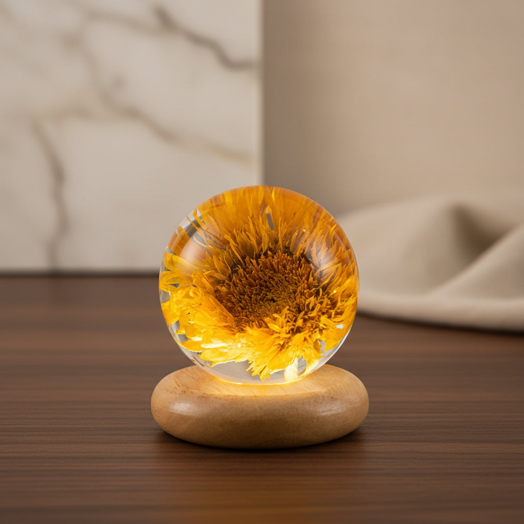 Haltbar gemachte Sonnenblume in einer 8 cm Kugel aus Kunstharz auf flachem, abgerundetem Holzsockel, goldgelb