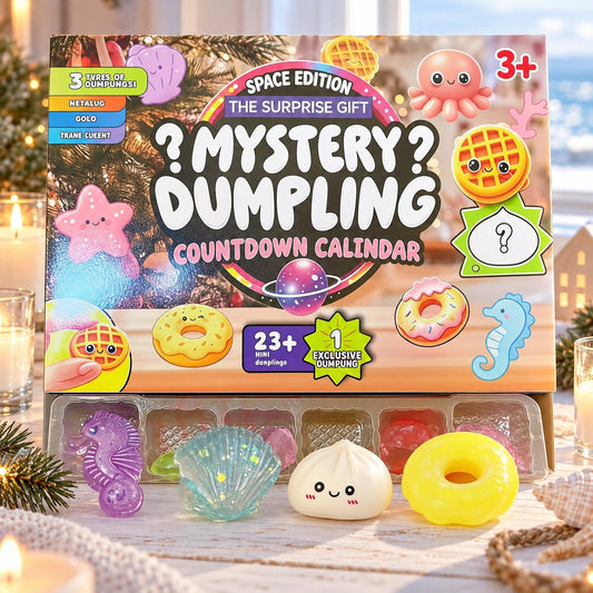 Mystery Squishy Adventskalender mit Meerestieren: Box, davor Seepferdchen, Muschel, Dumpling mit Gesicht und Donut