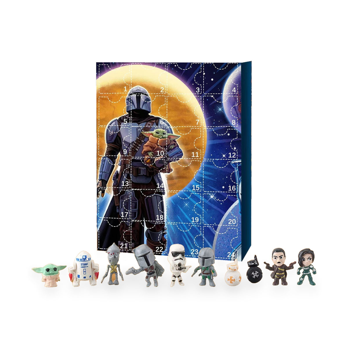 Star Wars Adventskalender mit Mandalorianer und Grogu auf der Box, davor R2-D2, Sturmtruppler, BB-8 und Kopfgeldjäger