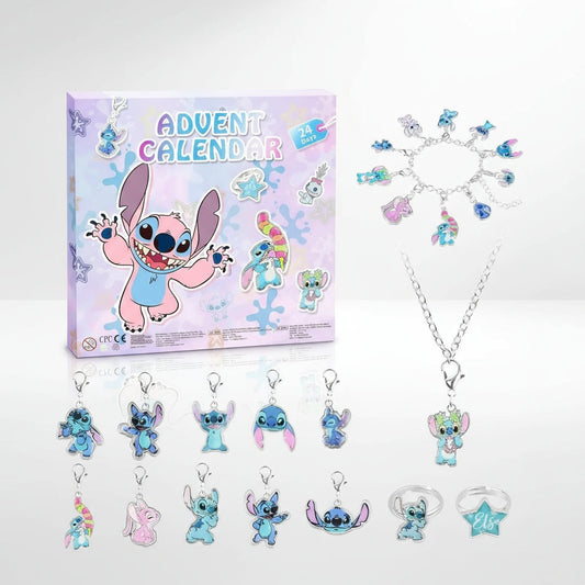 Stitch Adventskalender 2026 mit Schmuck: pastell-lila Box, Armband mit Anhängern, Halskette, lose Anhänger und zwei Ringe