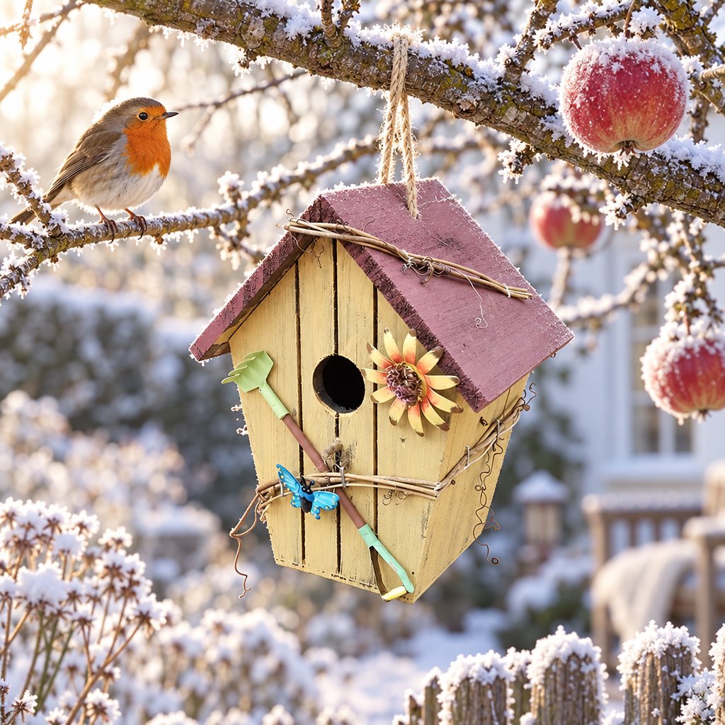 Gelbes Vogelhaus aus Holz zum Aufhängen mit rotem Dach und Sonnenblume am verschneiten Apfelbaum, Rotkehlchen