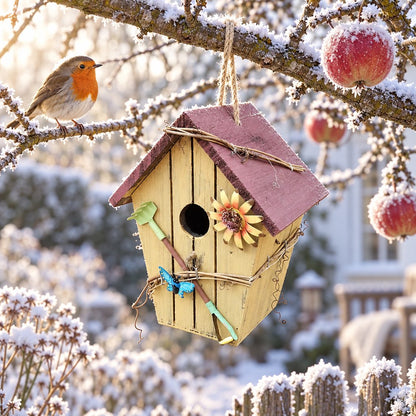 Gelbes Vogelhaus aus Holz zum Aufhängen mit rotem Dach und Sonnenblume am verschneiten Apfelbaum, Rotkehlchen