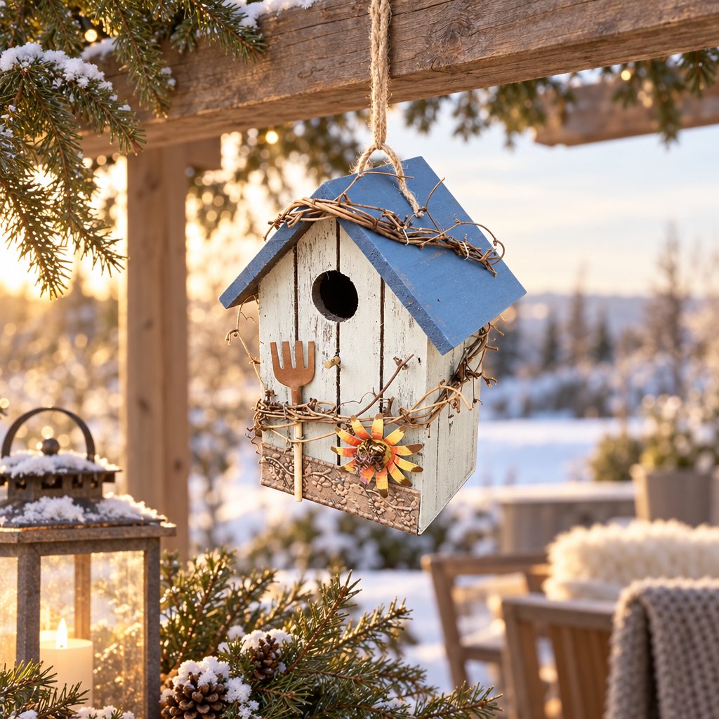 Weisses Vogelhaus aus Holz mit blauem Dach und Sonnenblume hängend an der Pergola auf der Winterterrasse